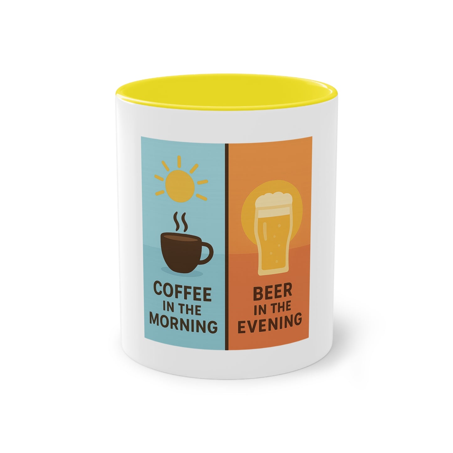 Tweekleurige koffietas: Koffie in de ochtend, bier in de avond.
