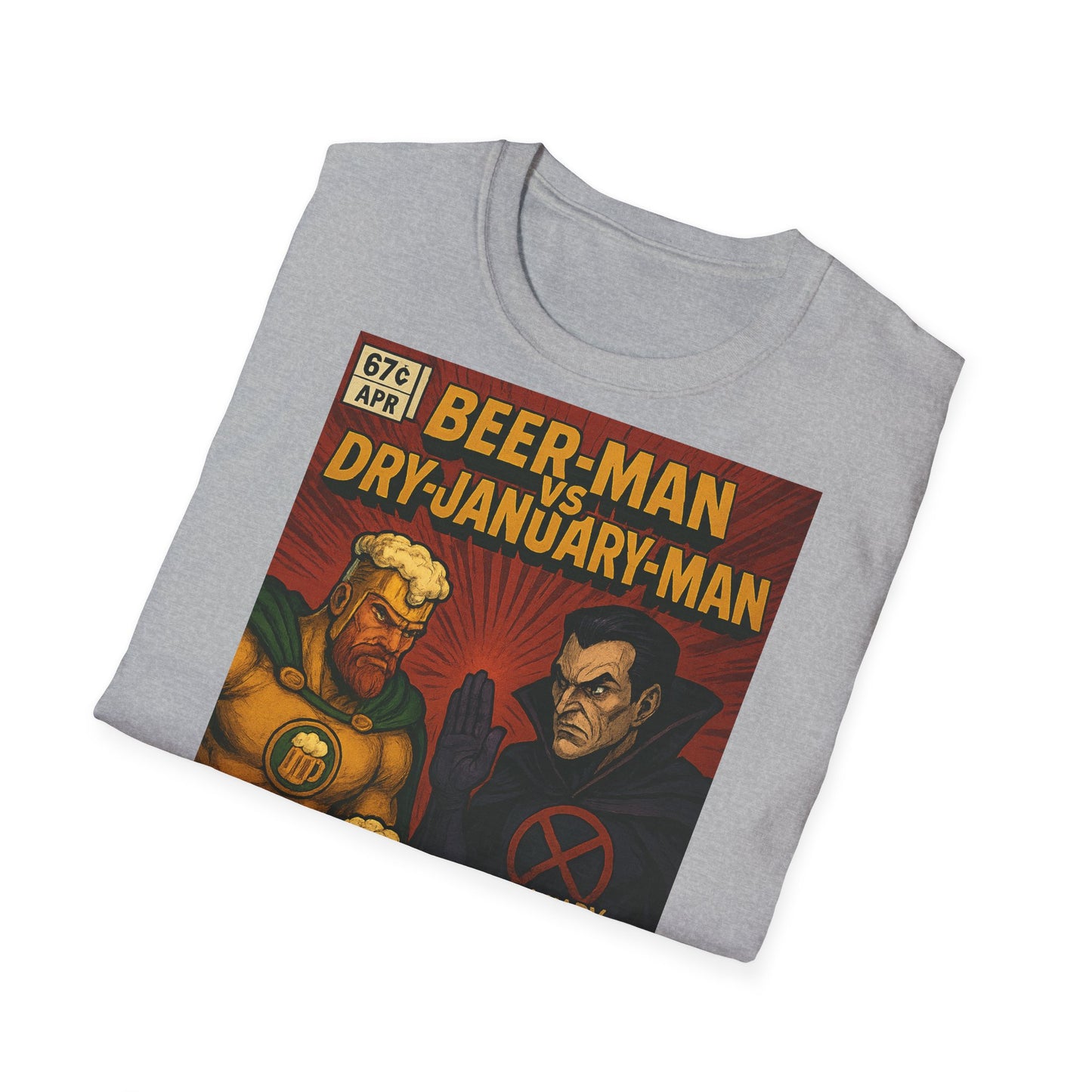 Unisex Softstyle T-Shirt - Beer-Man vs. Dry-January-Man ComicCover