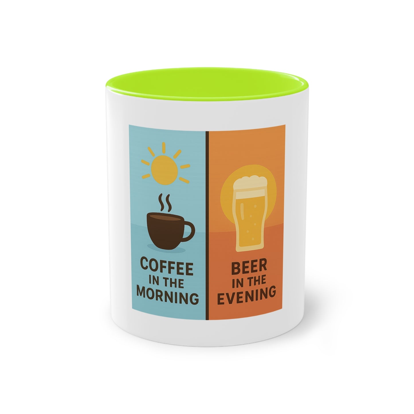 Tweekleurige koffietas: Koffie in de ochtend, bier in de avond.