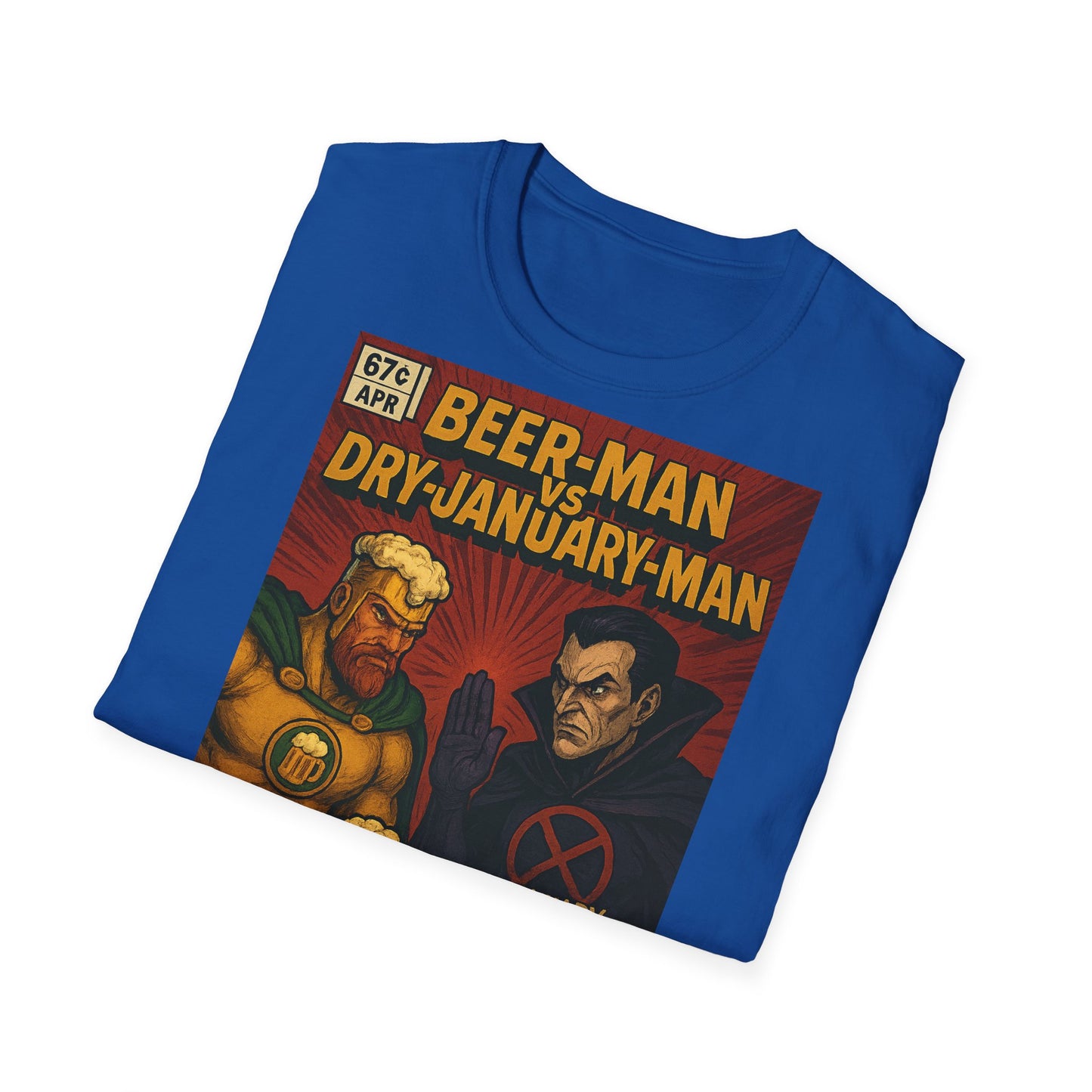 Unisex Softstyle T-Shirt - Beer-Man vs. Dry-January-Man ComicCover