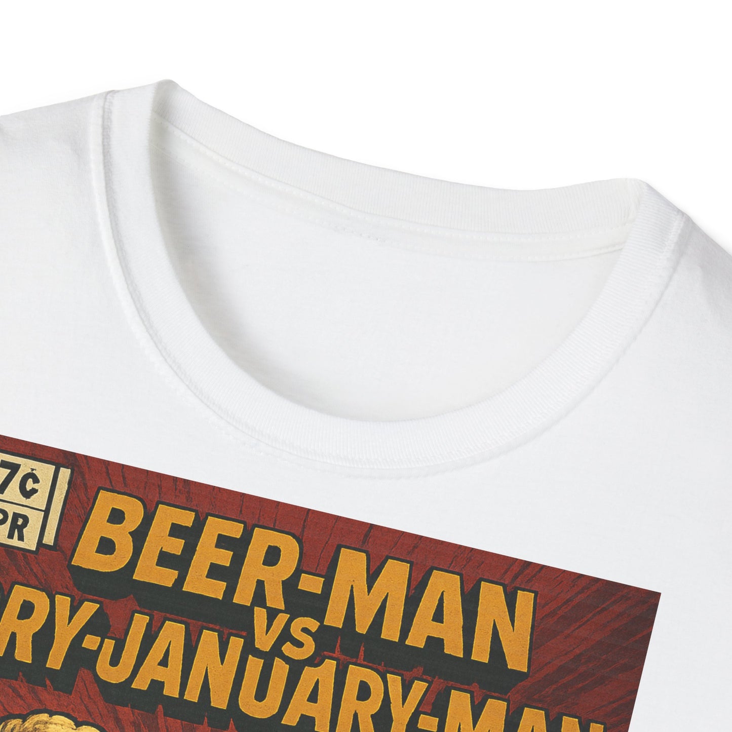 Unisex Softstyle T-Shirt - Beer-Man vs. Dry-January-Man ComicCover