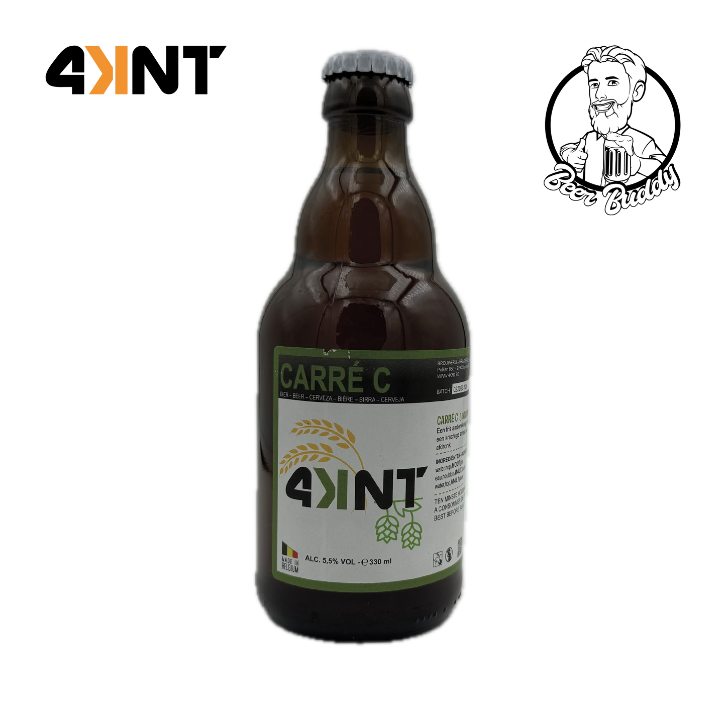 Een bruin glazen bierflesje met etiket voor "4KNT Carré C" van Brouwerij 4KNT. Op het etiket staan afbeeldingen van gerst en hop, wat duidt op een citrussmaak. De fles heeft een zilveren dop en een inhoud van 330 ml met een alcoholpercentage van 6,5%. Linksboven in de afbeelding staat ook het logo van Brouwerij 4KNT, perfect om van te genieten op het Modeste Bier Festival.