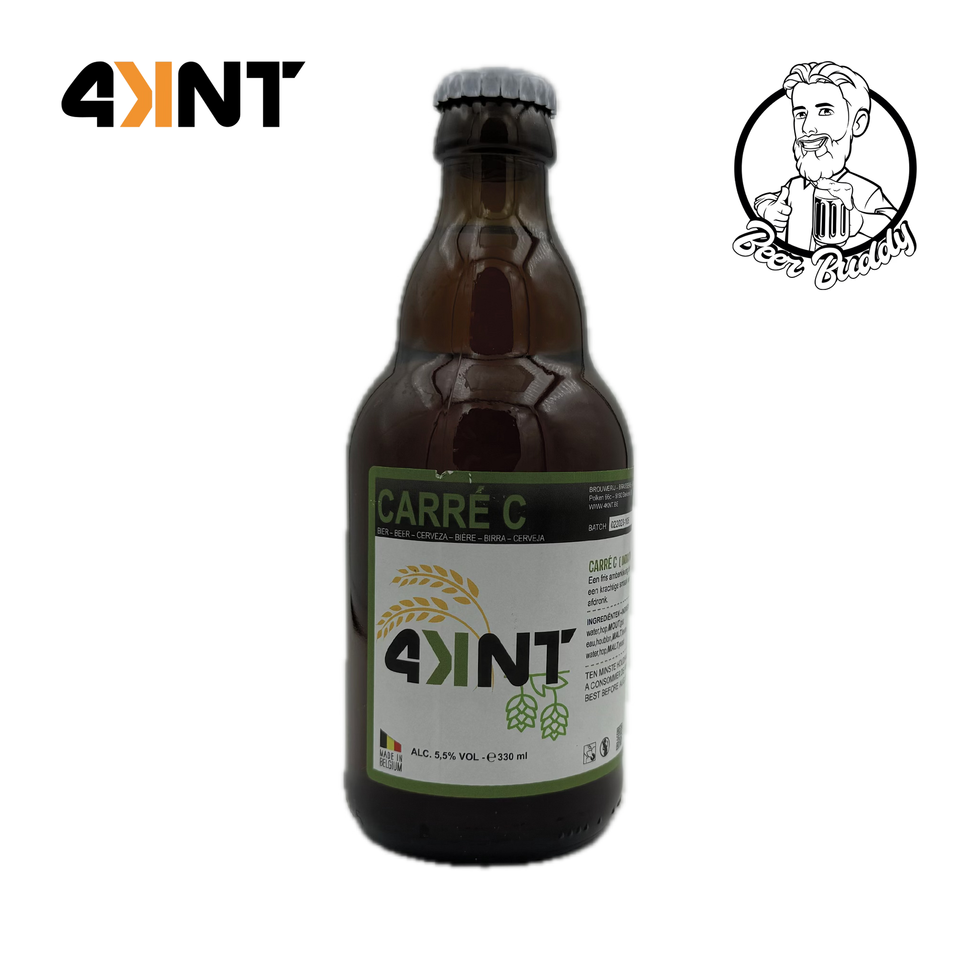Een bruin glazen bierflesje met etiket voor "4KNT Carré C" van Brouwerij 4KNT. Op het etiket staan afbeeldingen van gerst en hop, wat duidt op een citrussmaak. De fles heeft een zilveren dop en een inhoud van 330 ml met een alcoholpercentage van 6,5%. Linksboven in de afbeelding staat ook het logo van Brouwerij 4KNT, perfect om van te genieten op het Modeste Bier Festival.