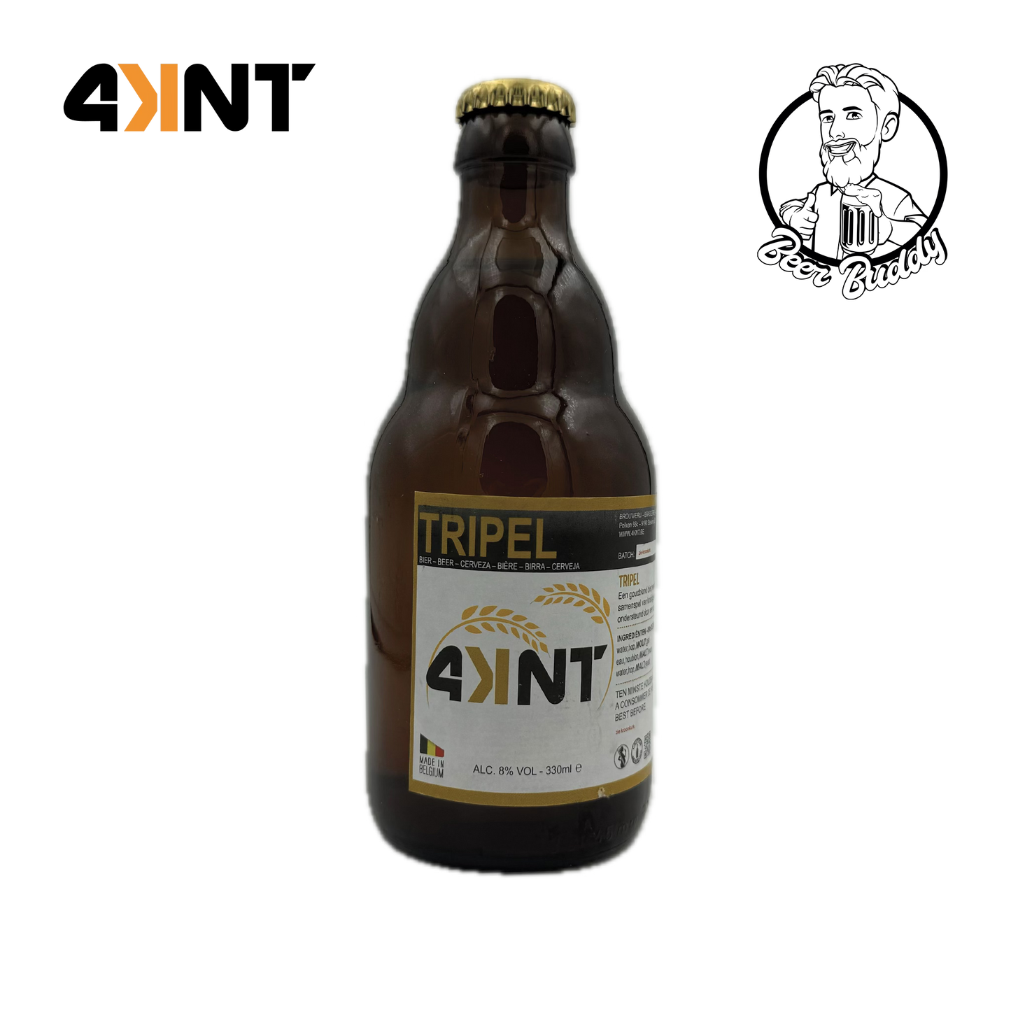 Een bruine glazen fles Brouwerij 4KNT Tripel-bier met een gouden dop, voorzien van een etiket met het merklogo 'Tripel' en een beschrijving in meerdere talen. Het goudblond bier heeft kruidige en fruitige smaken, met een alcoholpercentage van 8% en een inhoud van 330 ml.