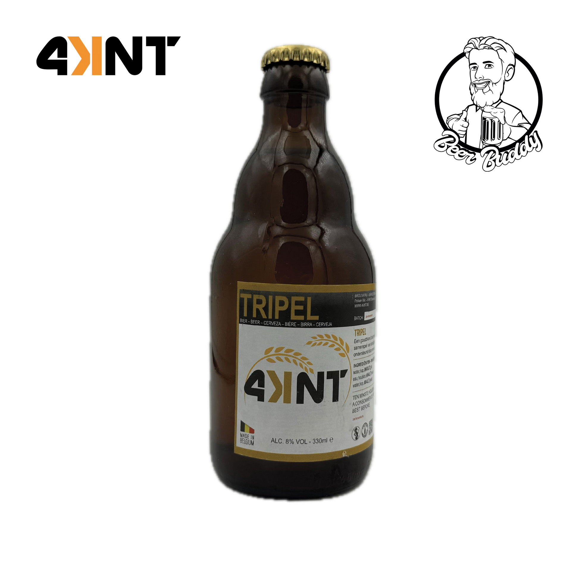Een bruine glazen fles Brouwerij 4KNT Tripel-bier met een gouden dop, voorzien van een etiket met het merklogo 'Tripel' en een beschrijving in meerdere talen. Het goudblond bier heeft kruidige en fruitige smaken, met een alcoholpercentage van 8% en een inhoud van 330 ml.
