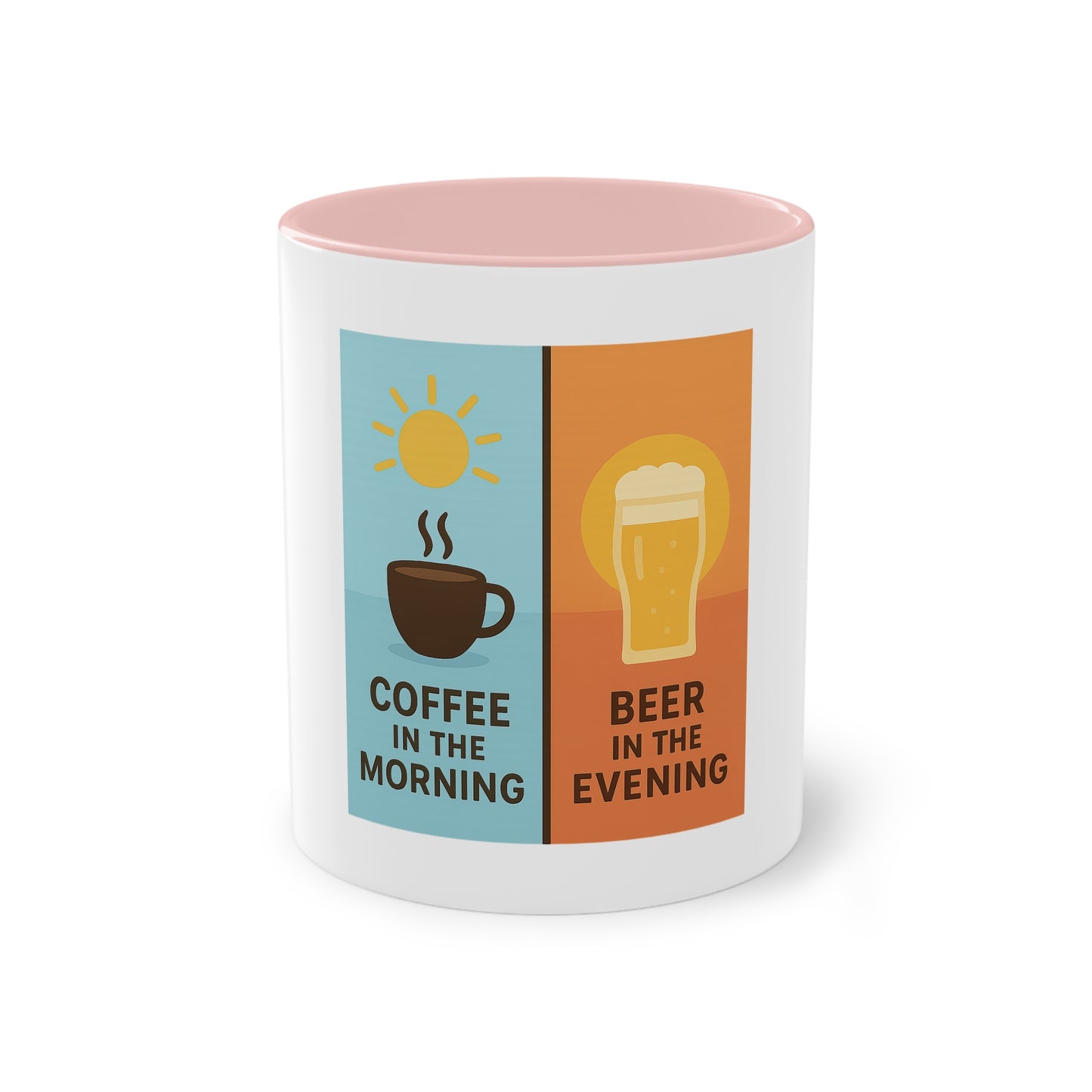Tweekleurige koffietas: Koffie in de ochtend, bier in de avond.