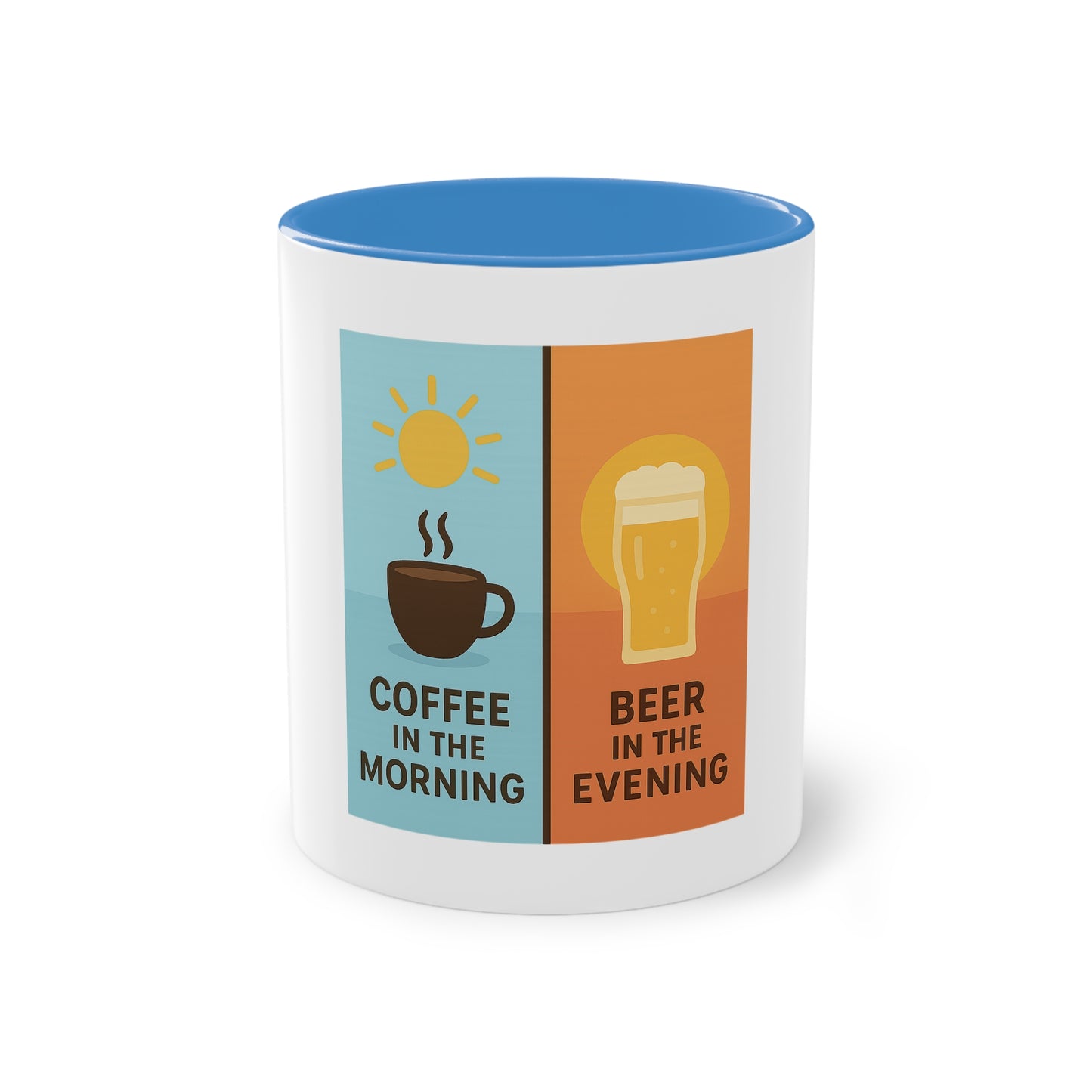Tweekleurige koffietas: Koffie in de ochtend, bier in de avond.