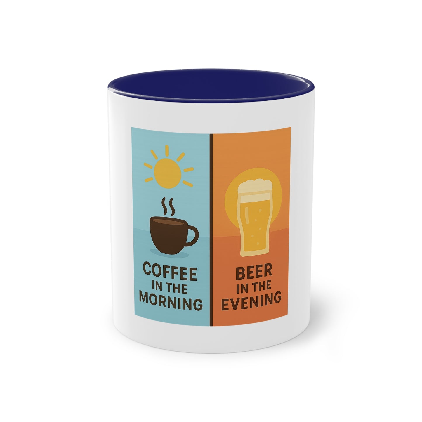 Tweekleurige koffietas: Koffie in de ochtend, bier in de avond.
