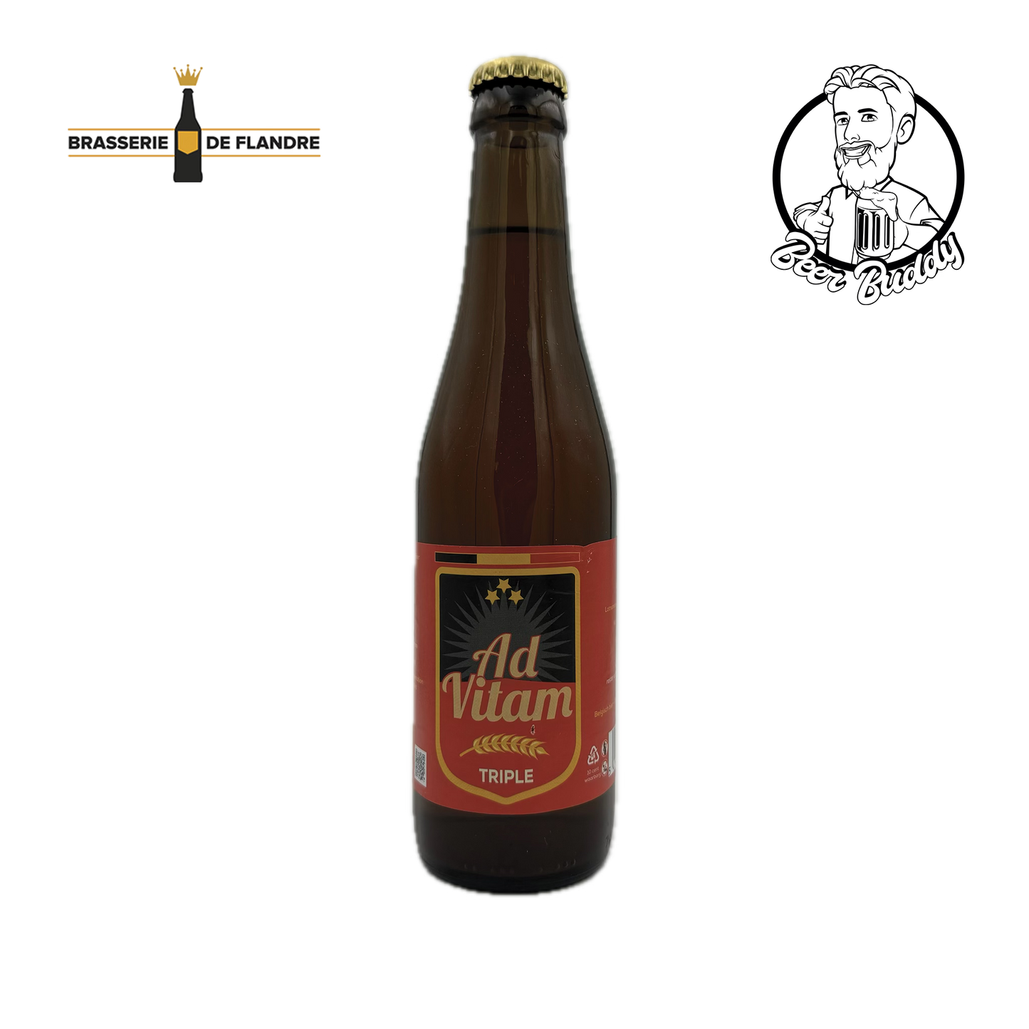 Een bruine glazen fles Ad Vitam Tripel-bier met een beige kroonkurk. Het etiket heeft een rode achtergrond met gouden en zwarte accenten en de tekst "Ad Vitam Tripel." Links is het logo van Brasserie De Flandre zichtbaar. Dit Belgisch bier is gemaakt met behulp van hogegistingstechnieken van Brouwerij Boelens.