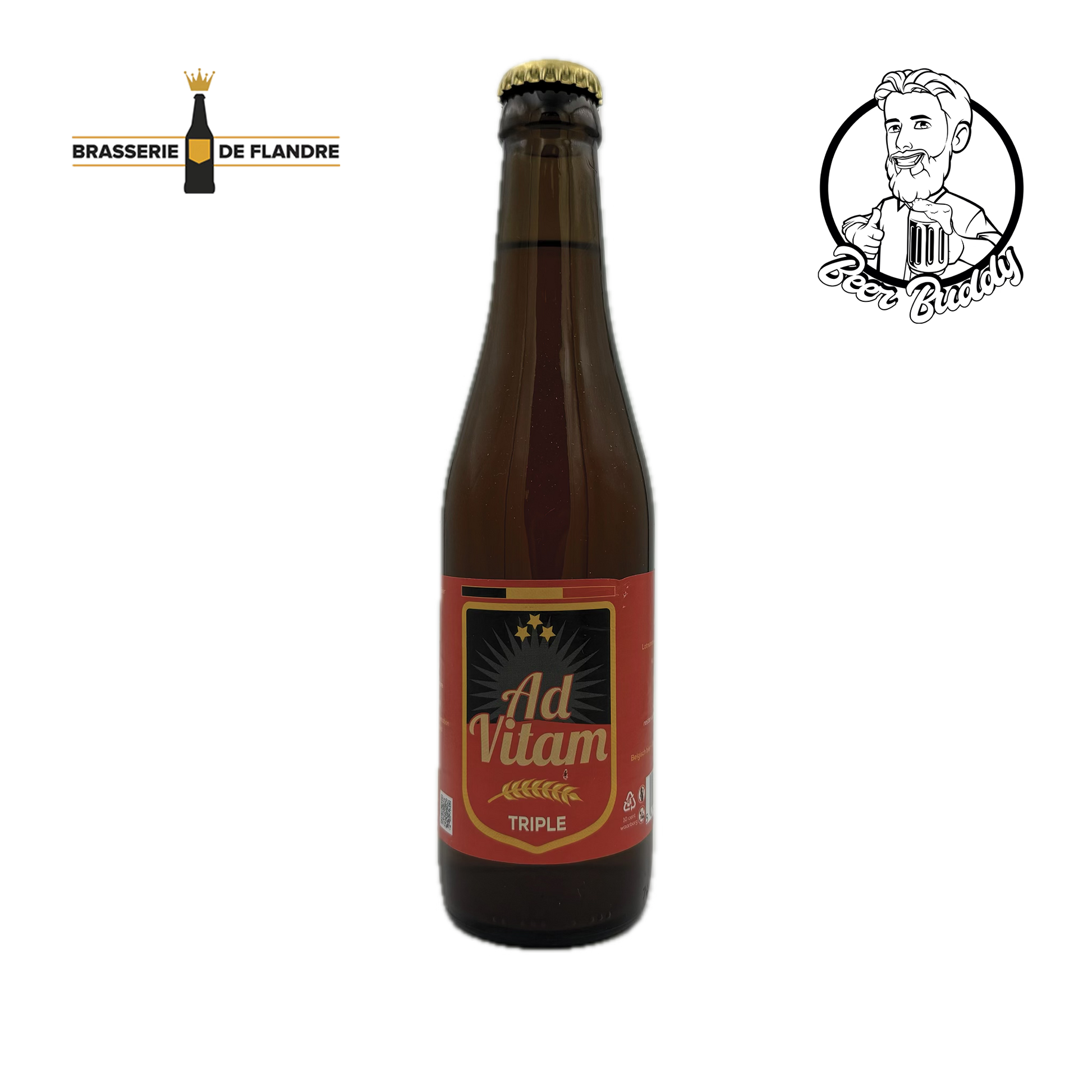 Een bruine glazen fles Ad Vitam Tripel-bier met een beige kroonkurk. Het etiket heeft een rode achtergrond met gouden en zwarte accenten en de tekst "Ad Vitam Tripel." Links is het logo van Brasserie De Flandre zichtbaar. Dit Belgisch bier is gemaakt met behulp van hogegistingstechnieken van Brouwerij Boelens.