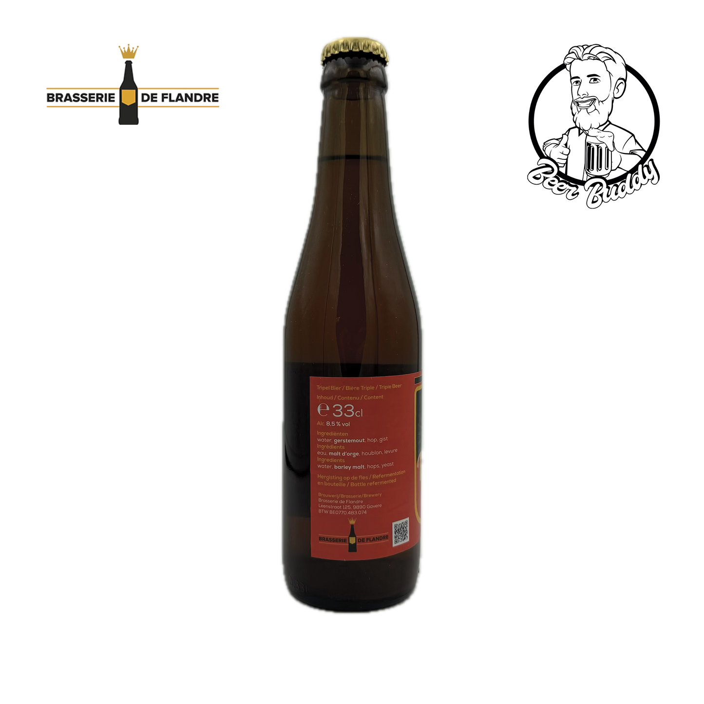 Een bruine glazen fles Ad Vitam Tripel-bier met een beige kroonkurk. Het etiket heeft een rode achtergrond met gouden en zwarte accenten en de tekst "Ad Vitam Tripel." Links is het logo van Brasserie De Flandre zichtbaar. Dit Belgisch bier is gemaakt met behulp van hogegistingstechnieken van Brouwerij Boelens.