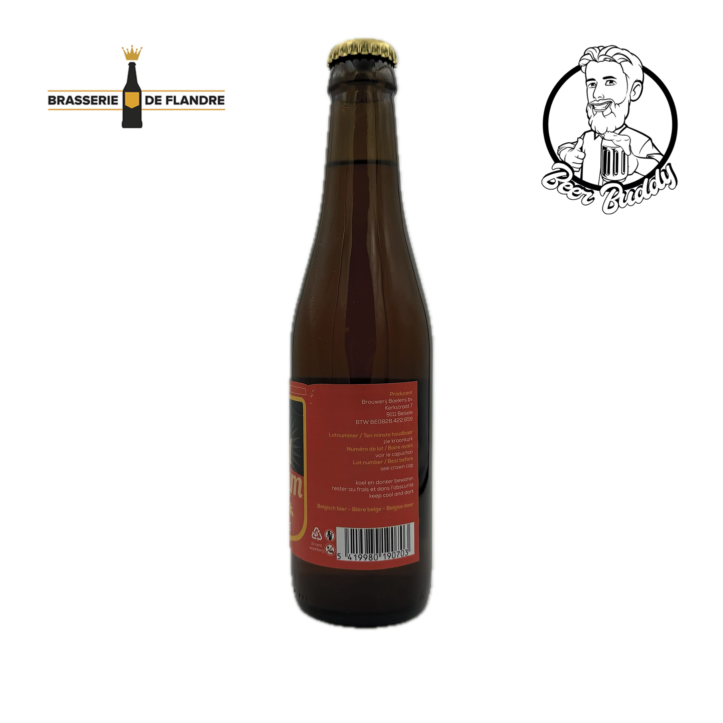 Een bruine glazen fles Ad Vitam Tripel-bier met een beige kroonkurk. Het etiket heeft een rode achtergrond met gouden en zwarte accenten en de tekst "Ad Vitam Tripel." Links is het logo van Brasserie De Flandre zichtbaar. Dit Belgisch bier is gemaakt met behulp van hogegistingstechnieken van Brouwerij Boelens.
