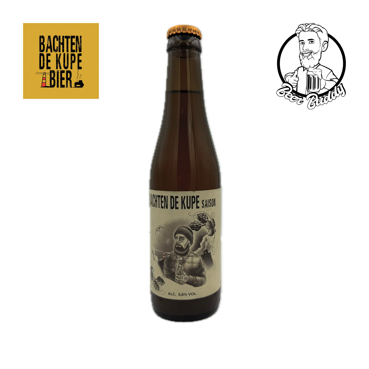 Een bruine glazen fles Bachten De Kupe Saison met een beige etiket met daarop een man met helm en een vogel. Het bier, gebrouwen door Bachten De Kupe Bier Compagnie, heeft een alcoholpercentage van 5%. Het Bachten De Kupe-logo verschijnt links boven de fles, wat zorgt voor een uitstekende dorstlesser.