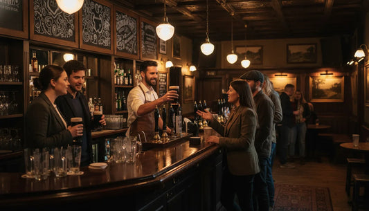 Gezellige Britse pubinterieur-scène met een bar, bartender die een pint inschenkt en klanten die netjes aan de bar in de rij staan.