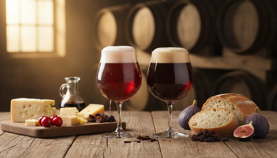 Twee glazen Belgische zure bieren (Flemish Red en Oud Bruin) op een houten tafel voor eiken vaten, met kersen, vijgen, kaas en een kleine balsamicocarafe