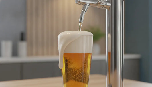 Gouden pils met dikke schuimkraag uit een home draft systeem in een modern thuistapsetting