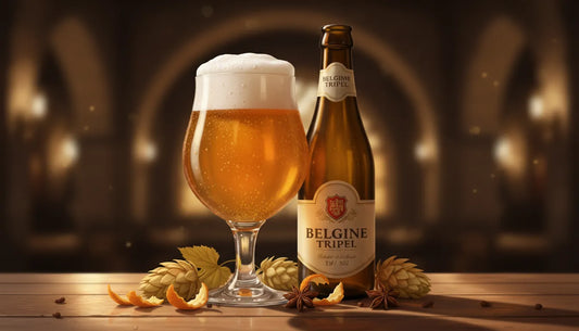 Fotorealistische close-up van een glas tripel bier met schuimkraag en warm gouden bier, met fles en hopaccenten op een houten barblad.