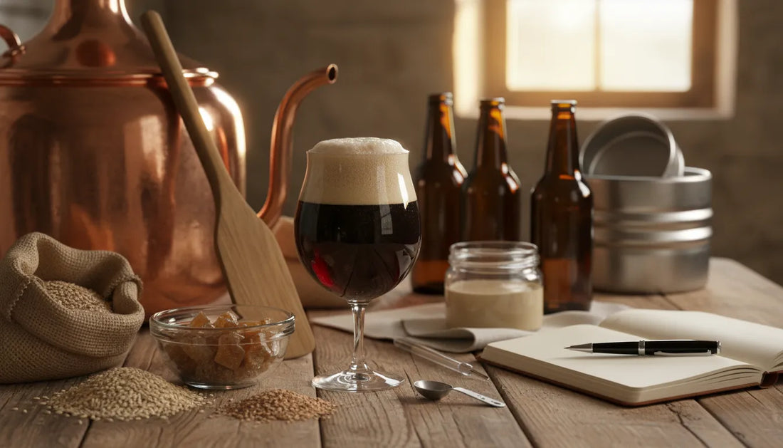 Thuisbrouwproject voor een Westvleteren 8-kloon: tulipglas met donkere Belgische dubbel op houten tafel, koperen ketel, mout, suiker en gist in een rustieke brouwomgeving