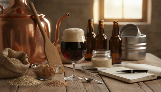 Thuisbrouwproject voor een Westvleteren 8-kloon: tulipglas met donkere Belgische dubbel op houten tafel, koperen ketel, mout, suiker en gist in een rustieke brouwomgeving