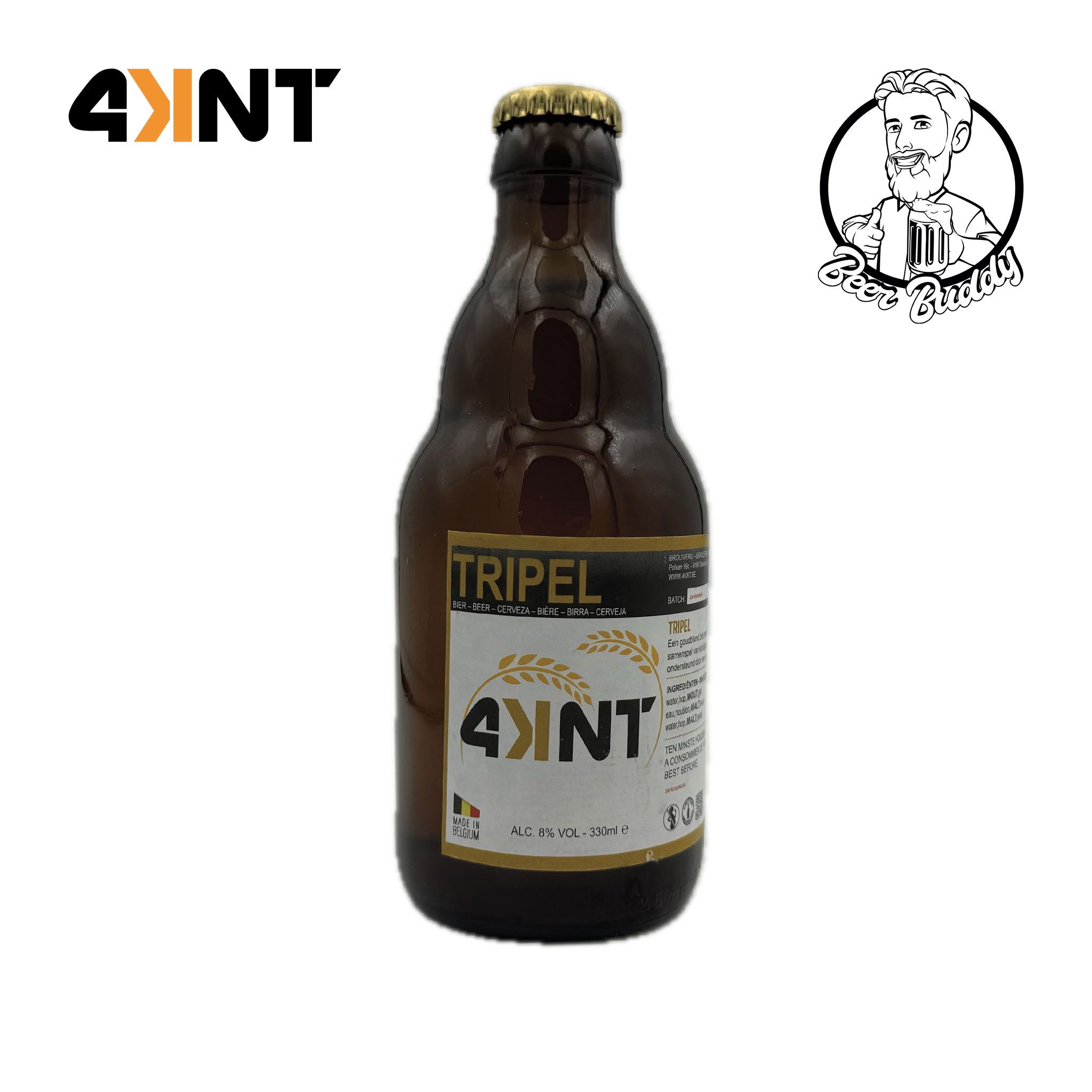 Een bruine glazen fles Brouwerij 4KNT Tripel-bier met een gouden dop, voorzien van een etiket met het merklogo 'Tripel' en een beschrijving in meerdere talen. Het goudblond bier heeft kruidige en fruitige smaken, met een alcoholpercentage van 8% en een inhoud van 330 ml.