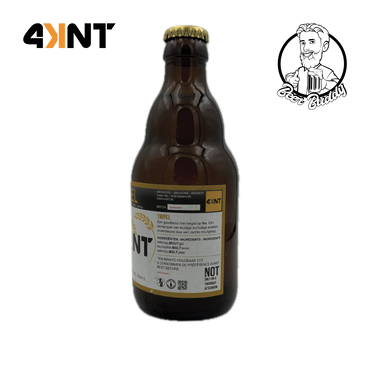 Een bruine glazen fles Brouwerij 4KNT Tripel-bier met een gouden dop, voorzien van een etiket met het merklogo 'Tripel' en een beschrijving in meerdere talen. Het goudblond bier heeft kruidige en fruitige smaken, met een alcoholpercentage van 8% en een inhoud van 330 ml.